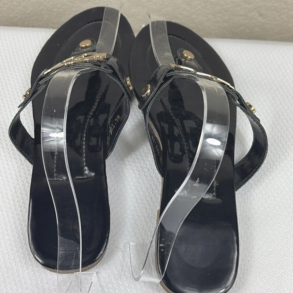 TORY BURCH MILLER SANDAL FLIP FLOP PATENT LEATHER BLACK SIZE 38 Gold T Medal